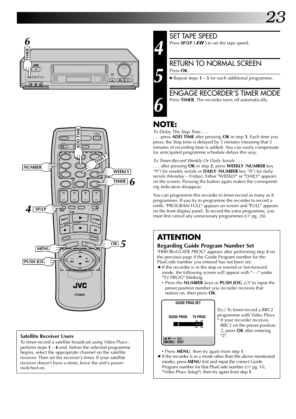 Attention, Set tape speed, Return to normal screen | Engage recorder’s timer mode | JVC HR-J249EK User Manual | Page 23 / 60