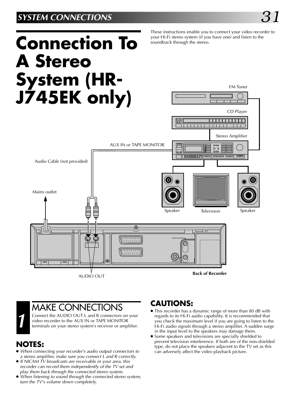 Connection to a stereo system (hr- j745ek only), Make connections, System connections | Cautions | JVC HR-J249EK User Manual | Page 31 / 60