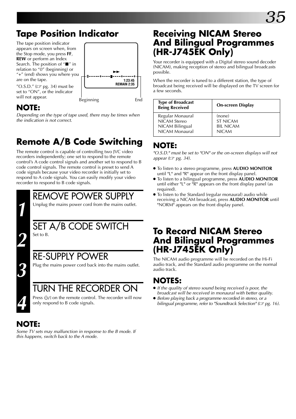 Remove power supply, Set a/b code switch, Re-supply power | Turn the recorder on, Tape position indicator, Remote a/b code switching | JVC HR-J249EK User Manual | Page 35 / 60