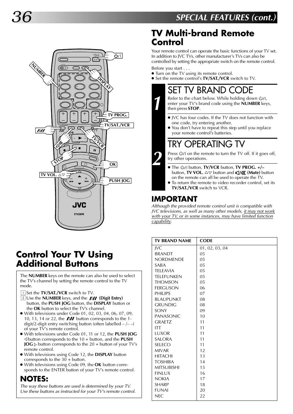 Set tv brand code, Try operating tv, Special features (cont.) | Control your tv using additional buttons, Tv multi-brand remote control, Important | JVC HR-J249EK User Manual | Page 36 / 60
