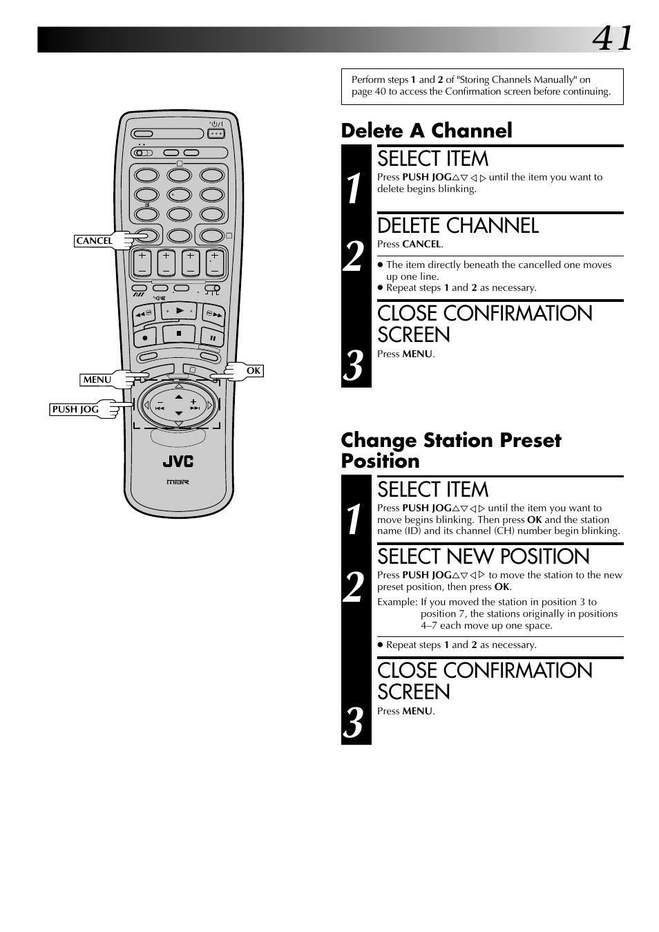 Select item, Select new position, Close confirmation screen | Delete channel, Change station preset position, Delete a channel | JVC HR-J249EK User Manual | Page 41 / 60