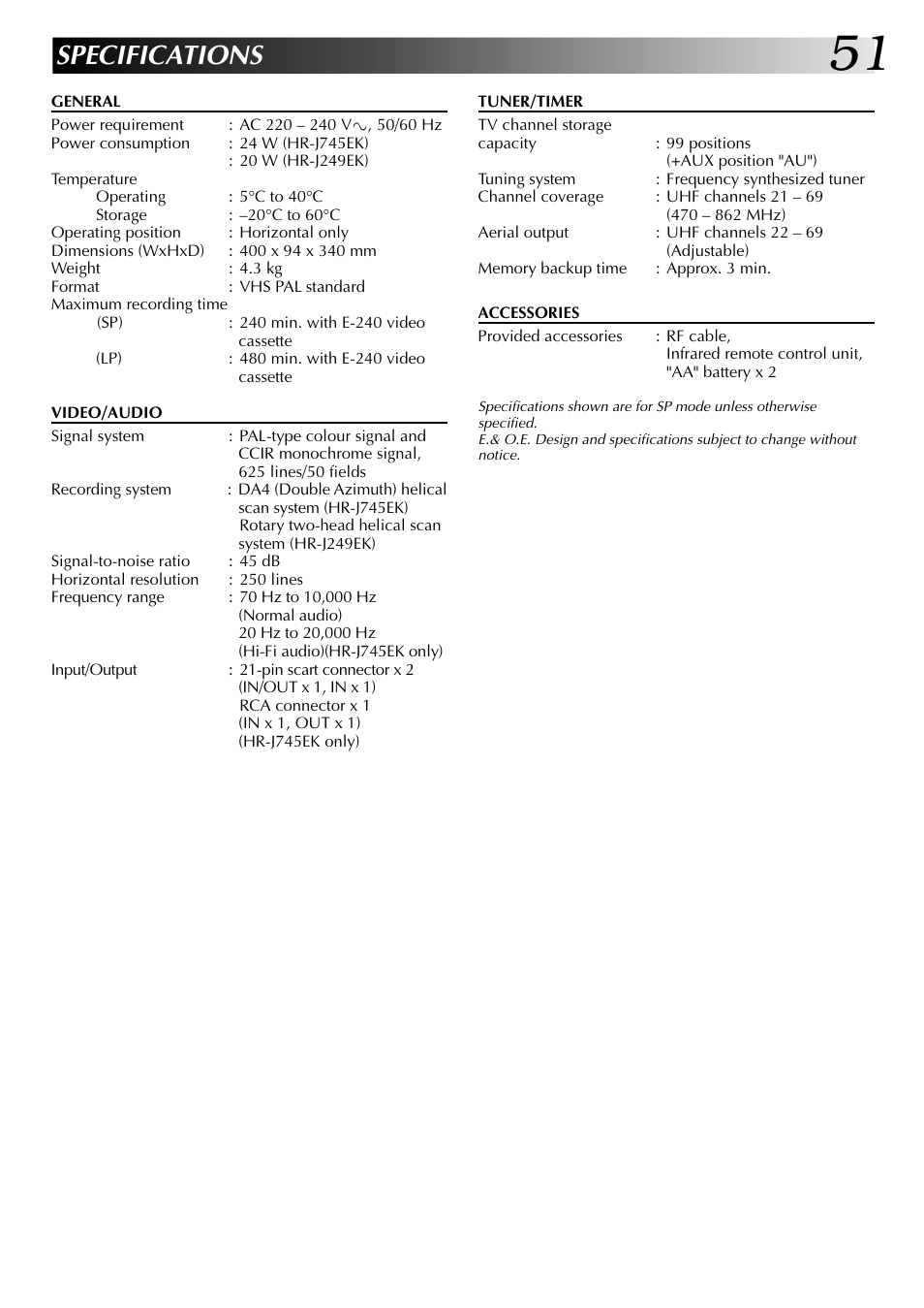 Specifications | JVC HR-J249EK User Manual | Page 51 / 60