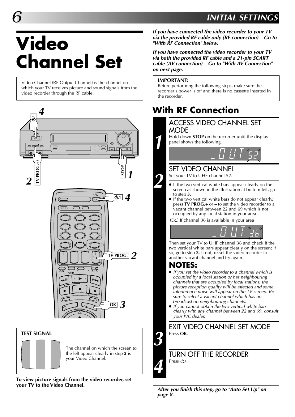 Video channel set, Initial settings, With rf connection | JVC HR-J249EK User Manual | Page 6 / 60