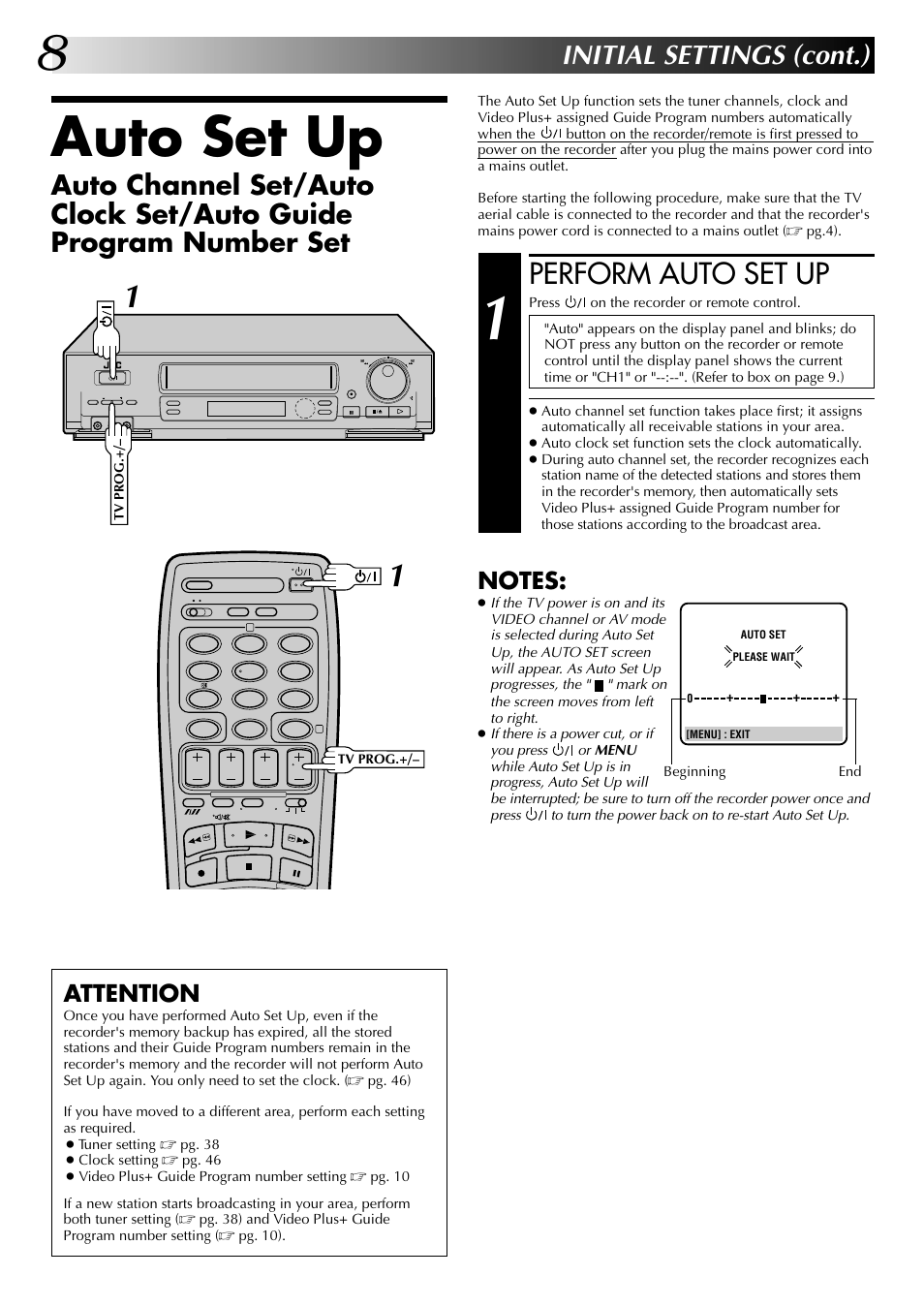 Auto set up, Perform auto set up, Initial settings (cont.) | Attention | JVC HR-J249EK User Manual | Page 8 / 60
