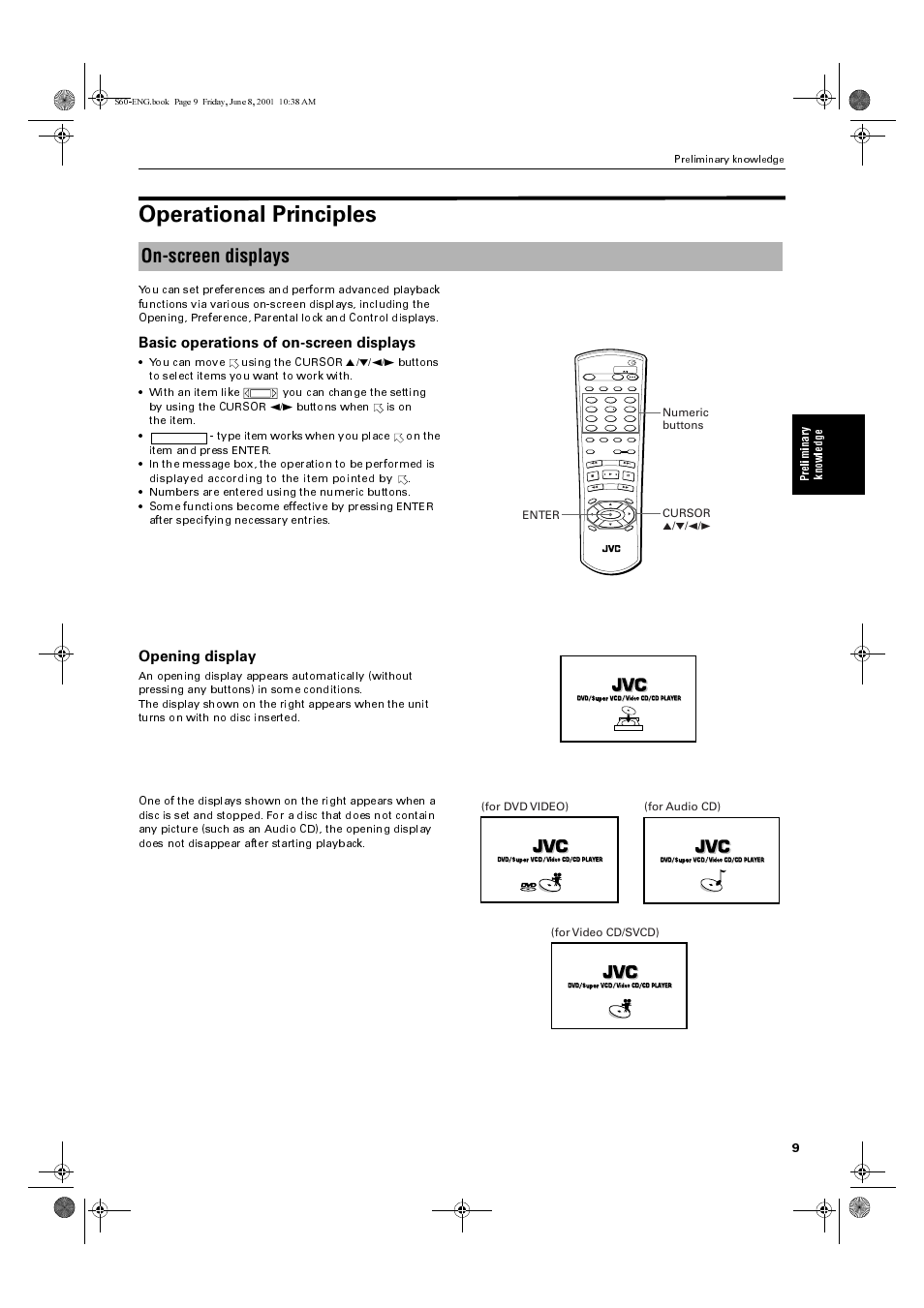 Operational principles, On-screen displays, Basic operations of on-screen displays | Opening display, Prelimina ry knowle dg e, For video cd/svcd) (for dvd video), Preliminary knowledge | JVC XV-S60BK User Manual | Page 11 / 62