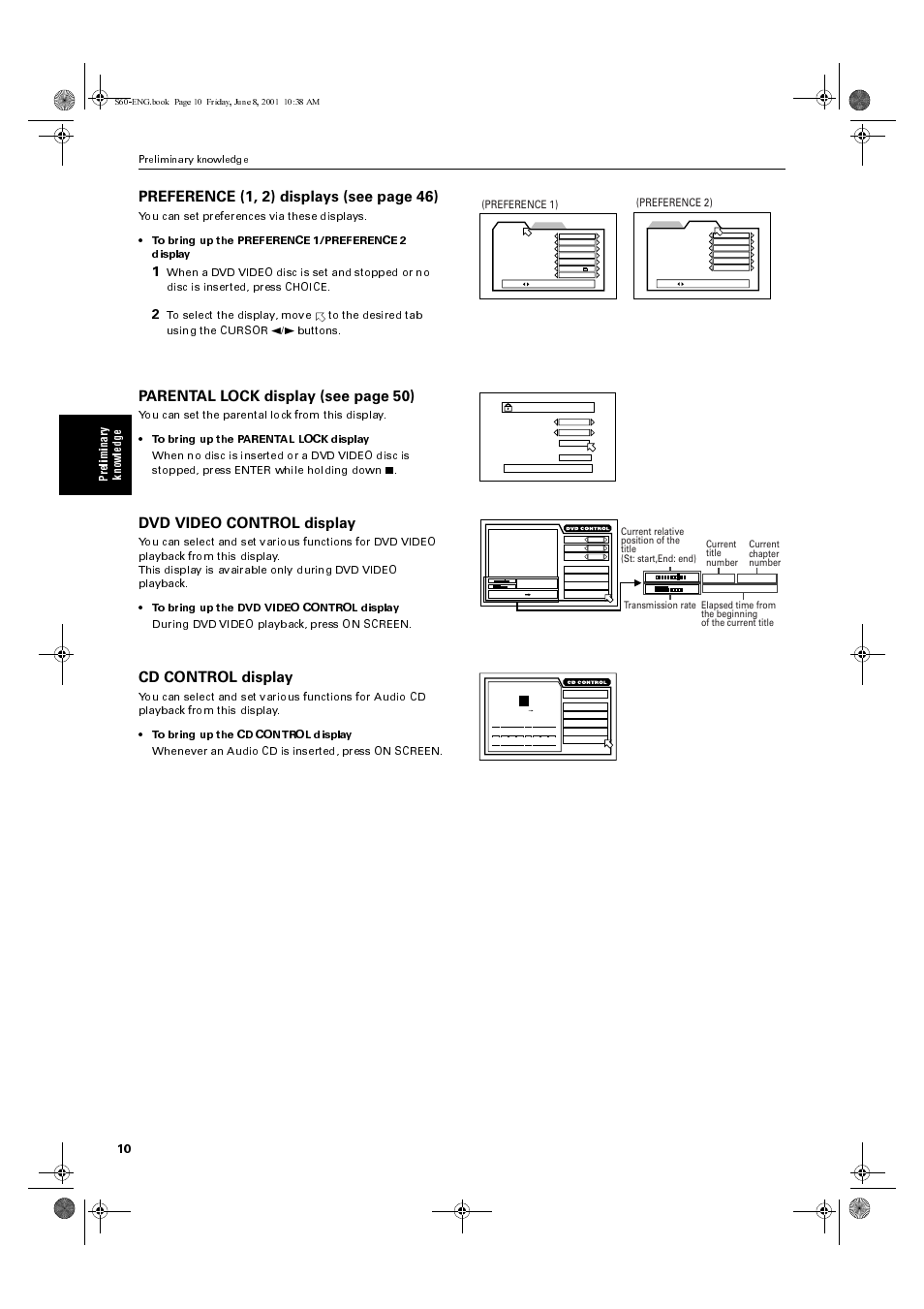 Preference (1, 2) displays (see page 46), Parental lock display (see page 50), Dvd video control display | Cd control display, Prelimina ry kn owle dge, Preference 1), Preference 2), Preliminary knowledge | JVC XV-S60BK User Manual | Page 12 / 62