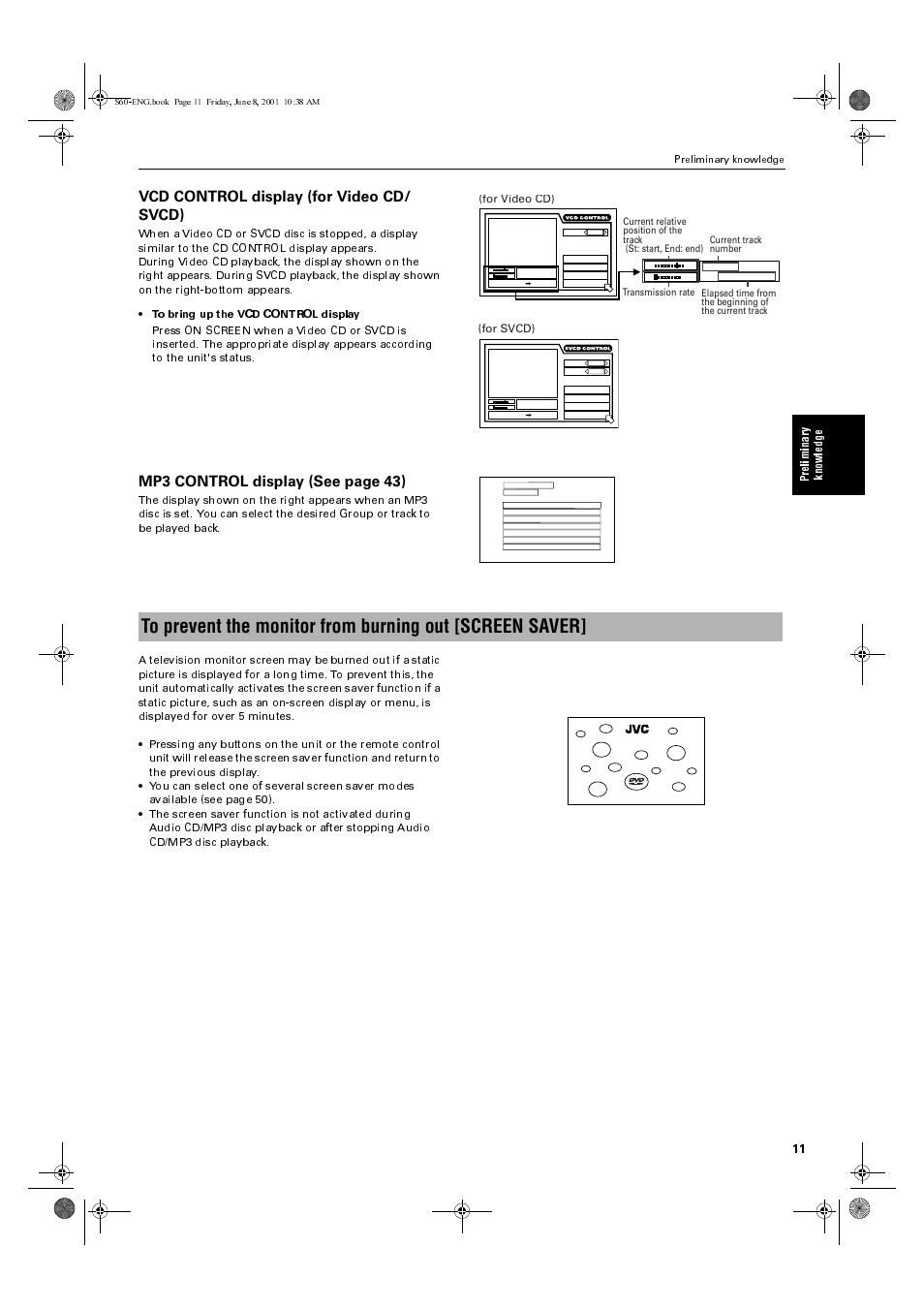 Vcd control display (for video cd/ svcd), Mp3 control display (see page 43), Prelimina ry knowle dg e | For video cd), For svcd) | JVC XV-S60BK User Manual | Page 13 / 62