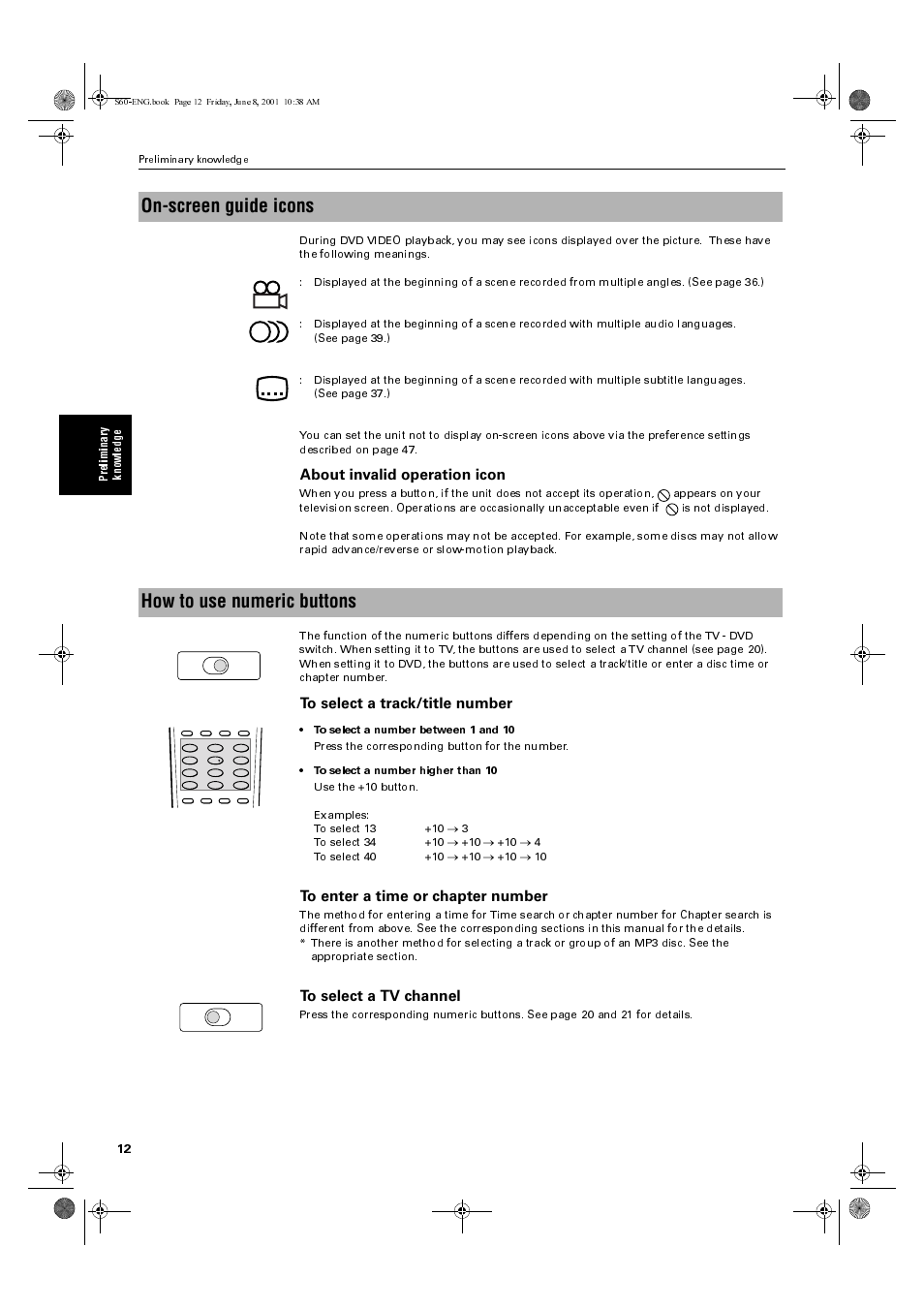 On-screen guide icons, How to use numeric buttons, About invalid operation icon | JVC XV-S60BK User Manual | Page 14 / 62