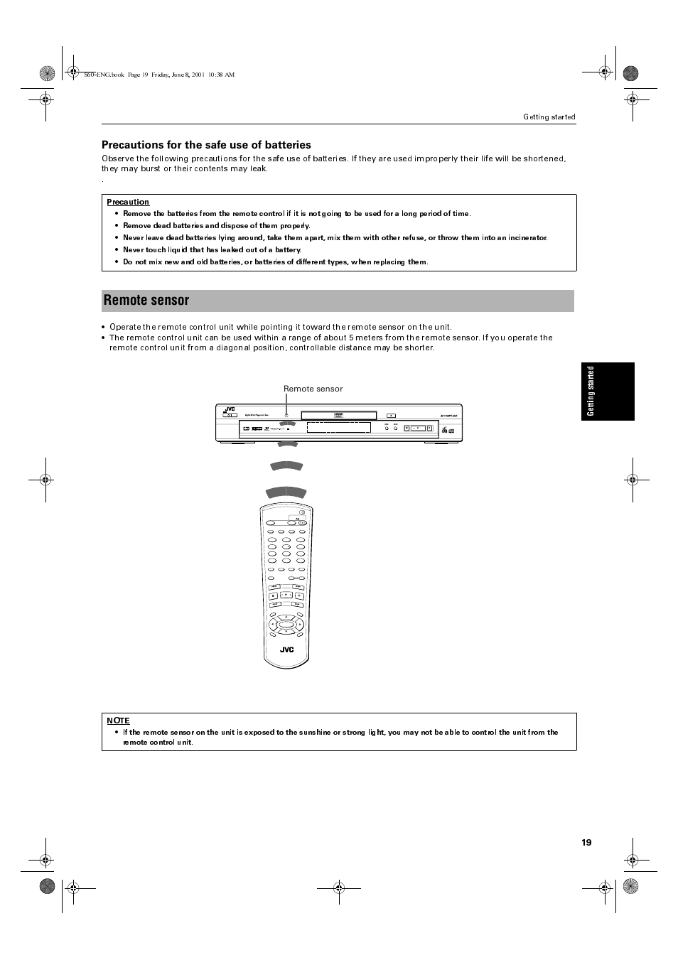 Remote sensor, Precautions for the safe use of batteries, Getting started | 6(1*errn 3djh  )ulgd\ -xqh    $0 | JVC XV-S60BK User Manual | Page 21 / 62