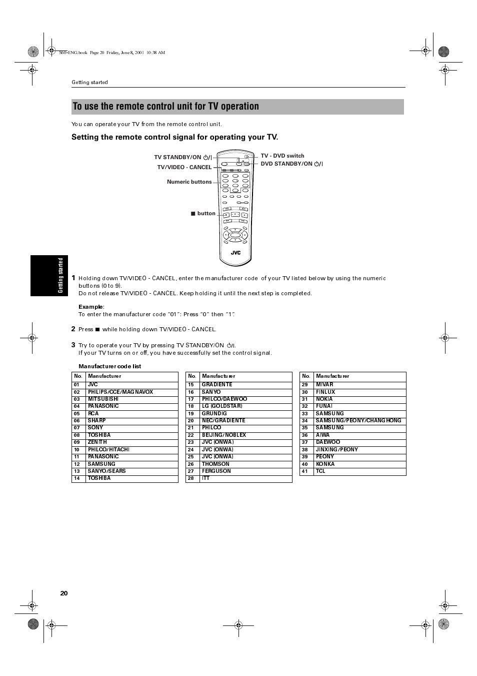 Press % while holding down tv/video - cancel, Button | JVC XV-S60BK User Manual | Page 22 / 62