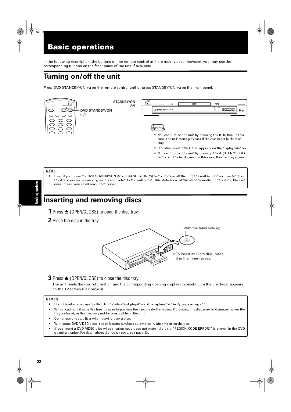 Basic operations, Turning on/off the unit, Inserting and removing discs | Press0 (open/close) to open the disc tray, Place the disc in the tray, Press 0 (open/close) to close the disc tray | JVC XV-S60BK User Manual | Page 24 / 62
