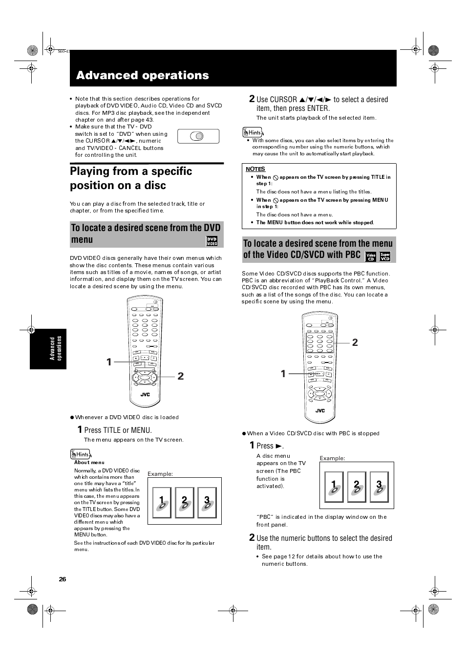 Advanced operations, Playing from a specific position on a disc, Press title or menu | Press 3, Use the numeric buttons to select the desired item, Ad va nce d op er ations, The menu appears on the tv screen, The unit starts playback of the selected item, Example, Tv dvd | JVC XV-S60BK User Manual | Page 28 / 62