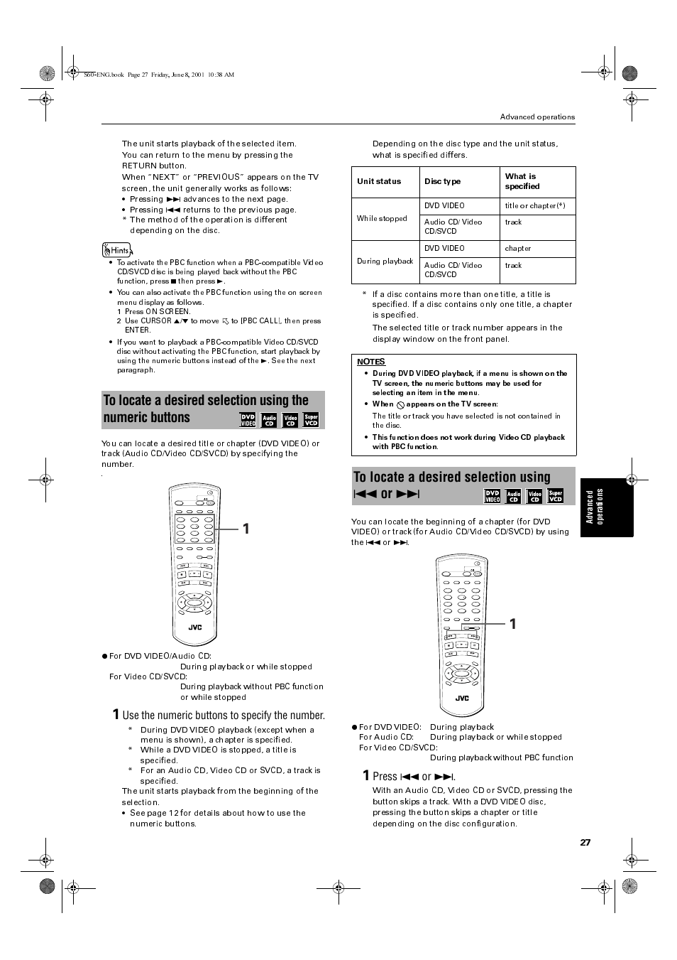 Use the numeric buttons to specify the number, Press 4 or, Progressive scan | Unit status disc type what is specified, Advanced operations | JVC XV-S60BK User Manual | Page 29 / 62