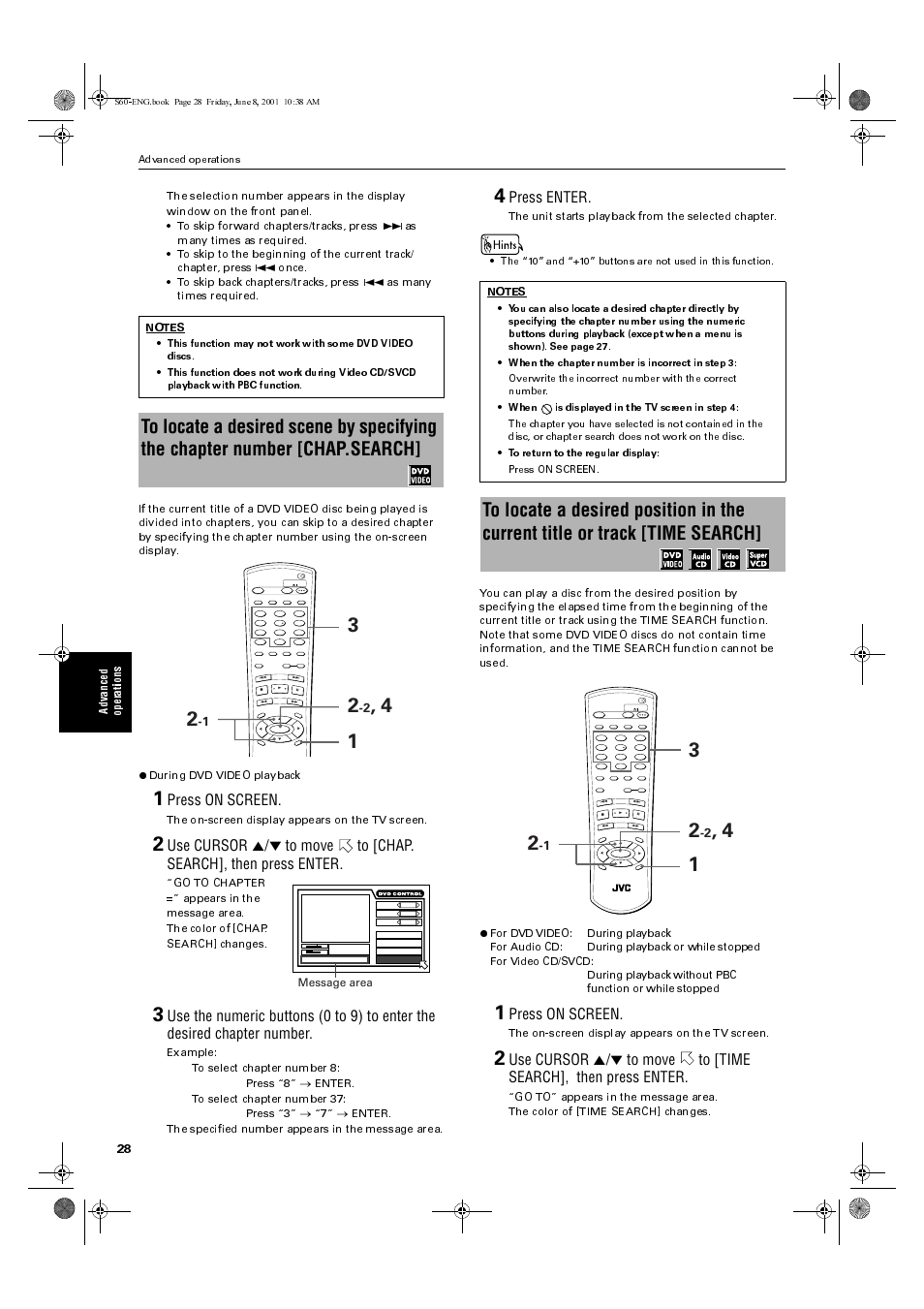 Press on screen, Press enter, The on-screen display appears on the tv screen | The unit starts playback from the selected chapter | JVC XV-S60BK User Manual | Page 30 / 62