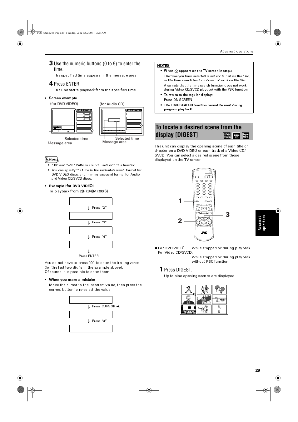 Use the numeric buttons (0 to 9) to enter the time, Press enter, Press digest | Ad va nce d op eration s, The specified time appears in the message area, Up to nine opening scenes are displayed, For dvd video) selected time message area, For audio cd) selected time message area, Oo o, Advanced operations | JVC XV-S60BK User Manual | Page 31 / 62