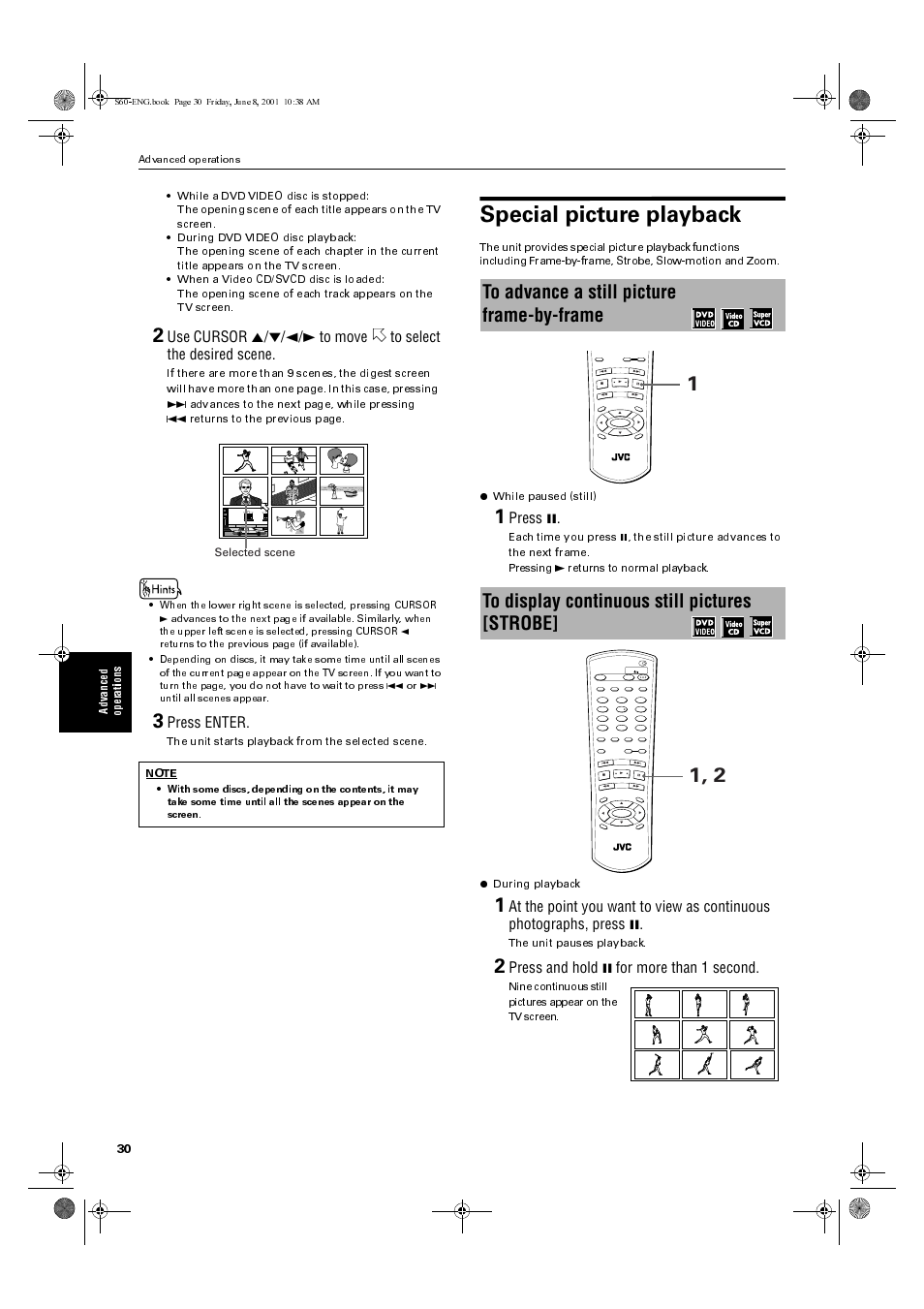 Special picture playback, Press enter, Press 8 | Press and hold 8 for more than 1 second, The unit starts playback from the selected scene, The unit pauses playback, Selected scene, Advanced operations | JVC XV-S60BK User Manual | Page 32 / 62