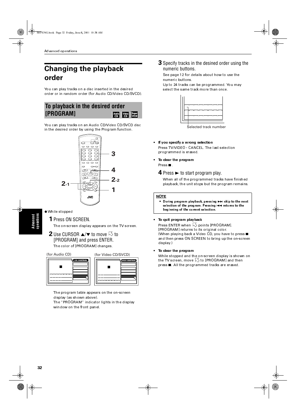 Changing the playback order, Press on screen, Press 3 to start program play | Ad va nce d op er ations, The on-screen display appears on the tv screen, For audio cd), Selected track number, Advanced operations | JVC XV-S60BK User Manual | Page 34 / 62