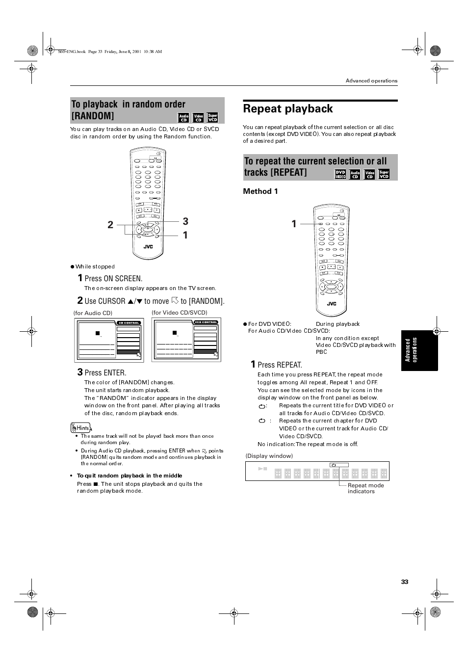 Repeat playback, Press on screen, Use cursor 5/° to move to [random | Press enter, Method 1, Press repeat, The on-screen display appears on the tv screen, For video cd/svcd), For audio cd), Repeat mode indicators (display window) | JVC XV-S60BK User Manual | Page 35 / 62
