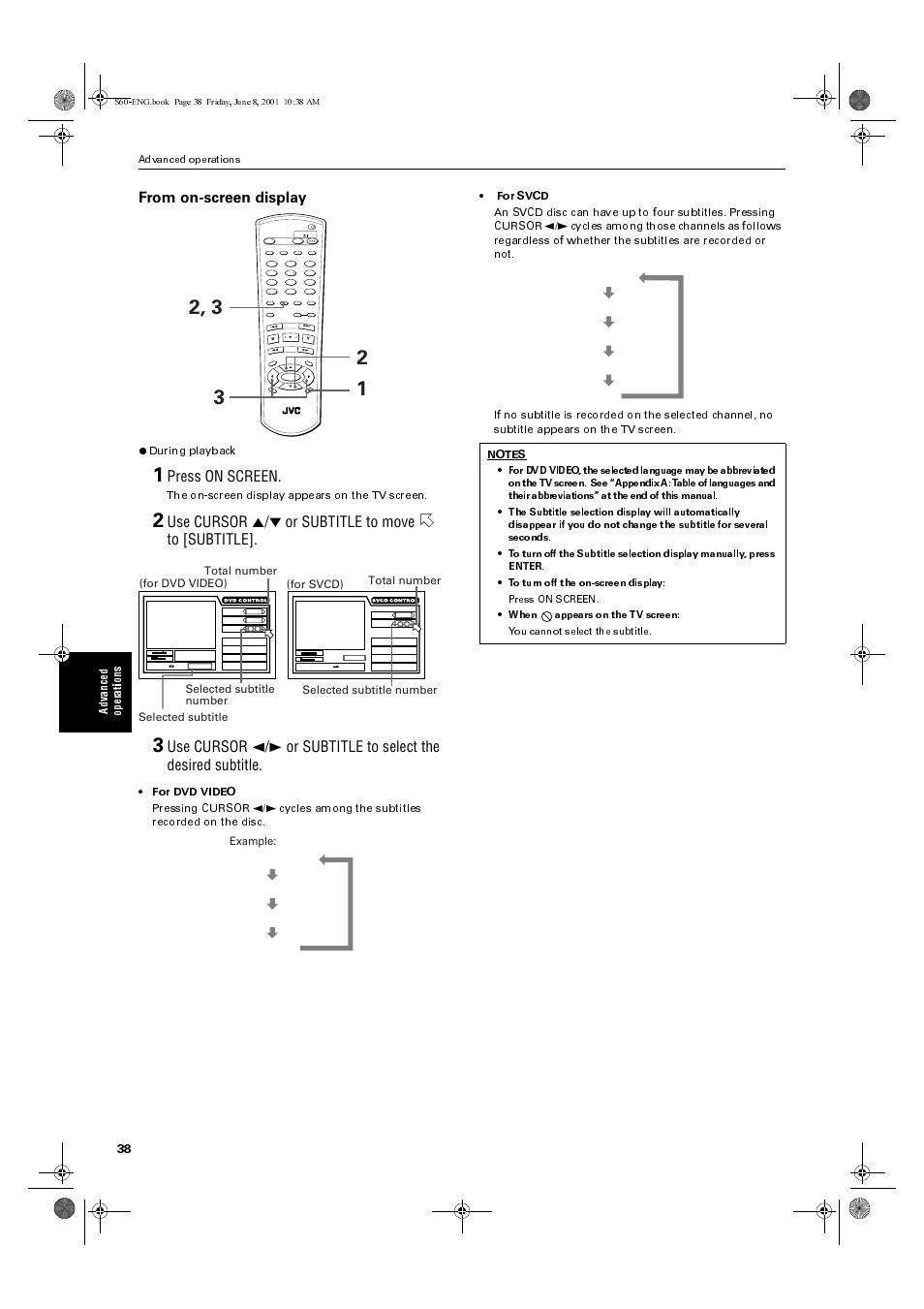 Press on screen, Use cursor 5/° or subtitle to move to [subtitle, Ad va nce d op er ations | During playback, The on-screen display appears on the tv screen, Total number selected subtitle number (for svcd), Advanced operations | JVC XV-S60BK User Manual | Page 40 / 62