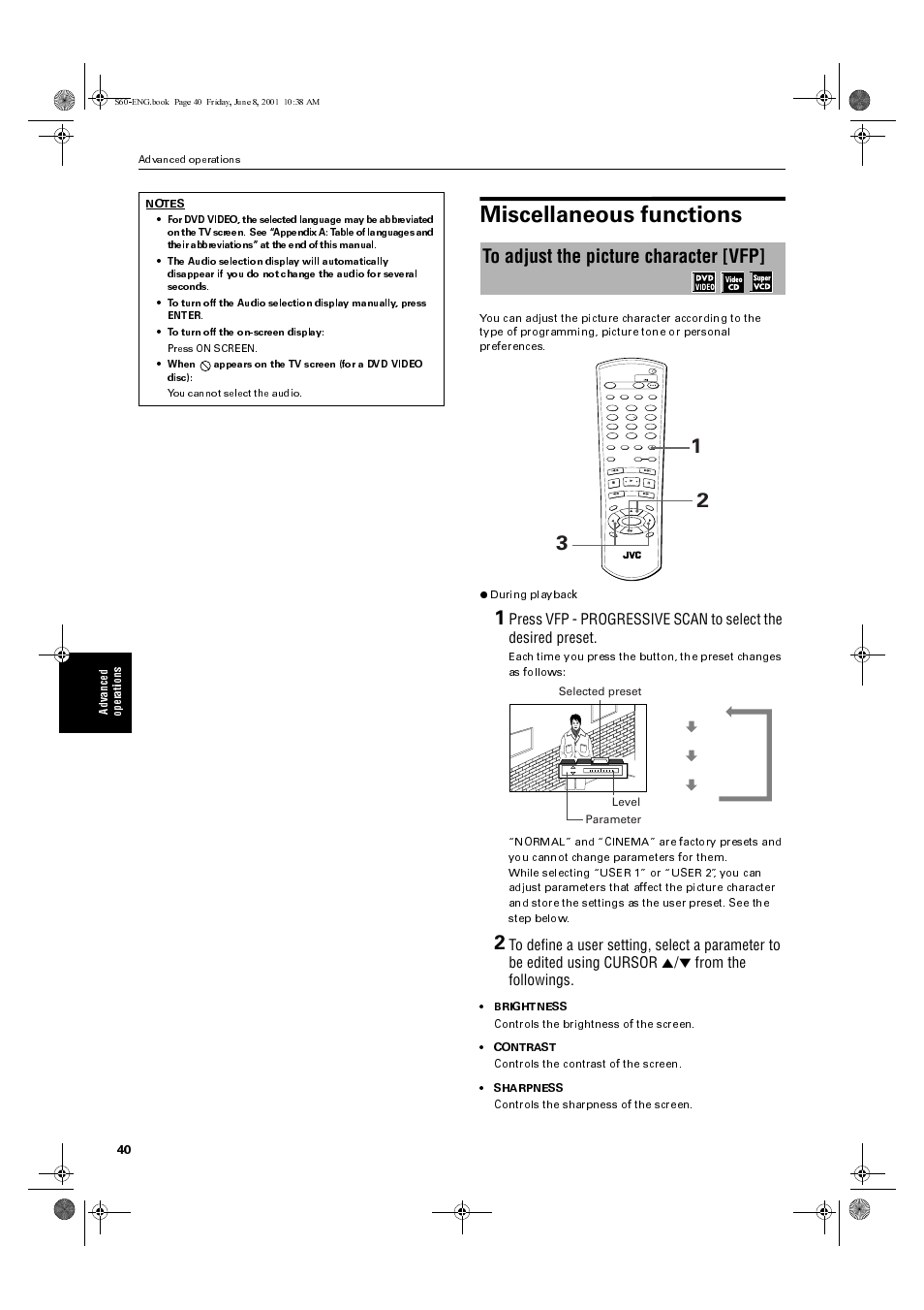 Miscellaneous functions, Ad va nce d op er ations, Advanced operations | JVC XV-S60BK User Manual | Page 42 / 62