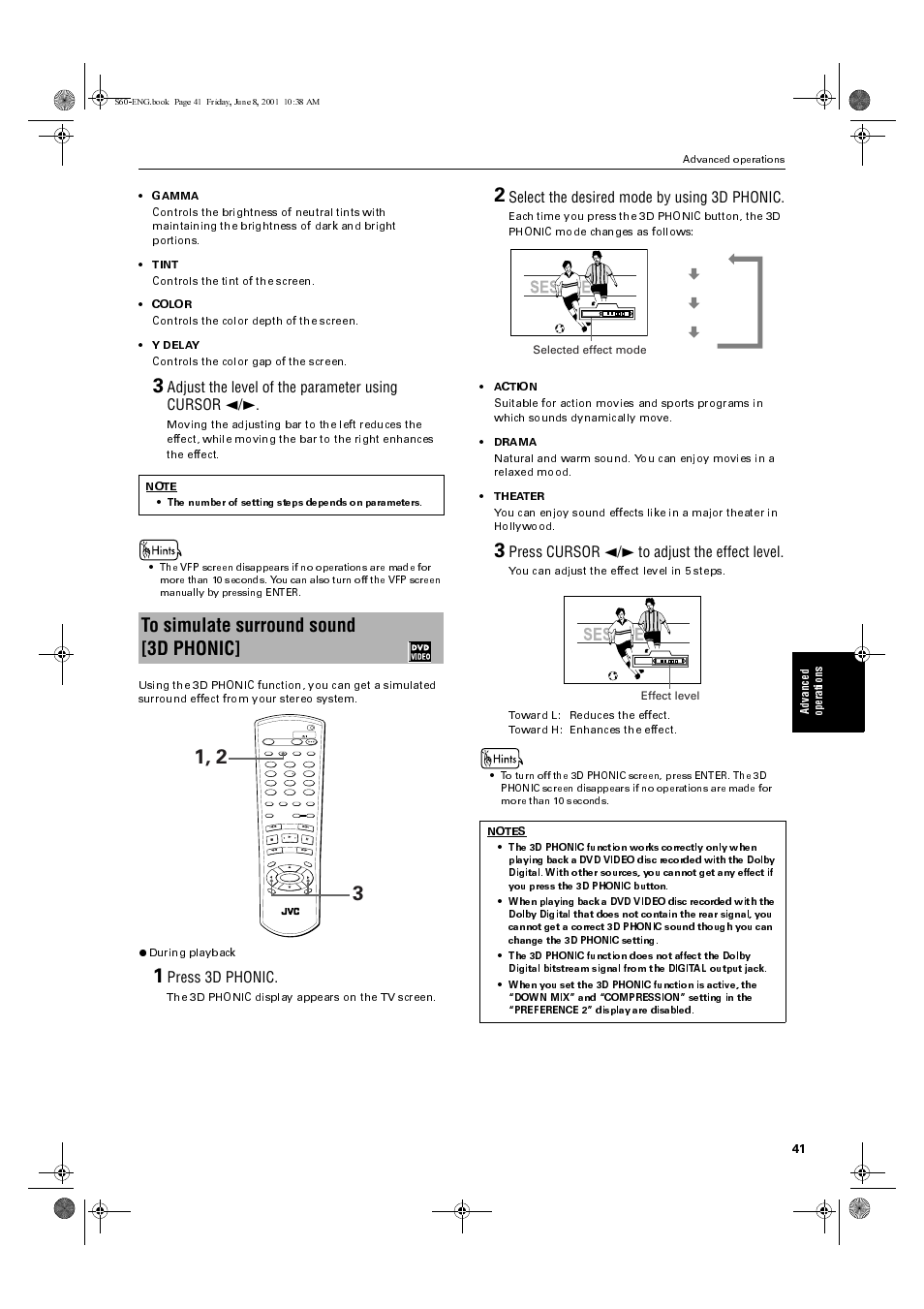Adjust the level of the parameter using cursor 2/3, Press 3d phonic, Select the desired mode by using 3d phonic | Press cursor 2/3 to adjust the effect level, The 3d phonic display appears on the tv screen, Selected effect mode action drama theater off, Effect level | JVC XV-S60BK User Manual | Page 43 / 62