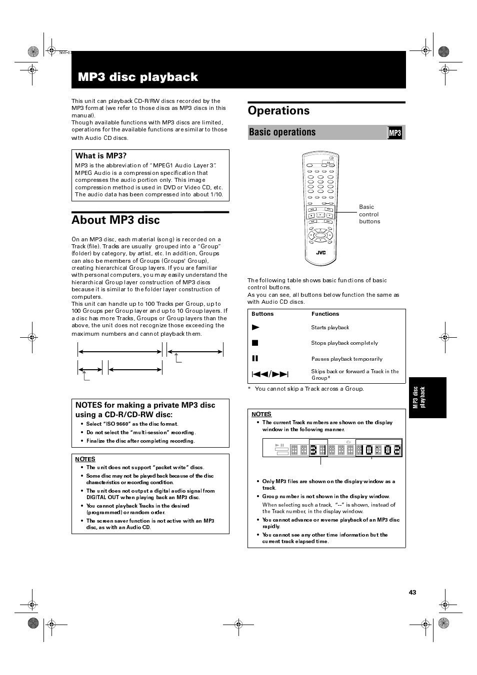 Mp3 disc playback, About mp3 disc, Operations | Basic operations, What is mp3, Mp3 disc play bac k, Buttons functions, Basic control buttons, Current track elapsed time current track number | JVC XV-S60BK User Manual | Page 45 / 62
