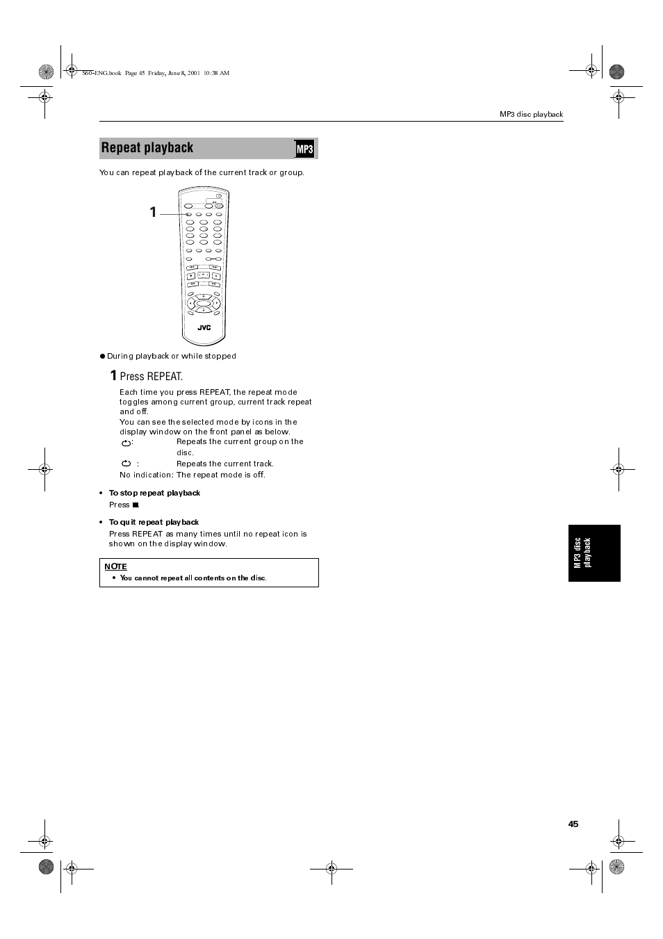 Repeat playback, Press repeat, Mp3 disc play bac k | Mp3 disc playback, You cannot repeat all contents on the disc, English, 6(1*errn 3djh  )ulgd\ -xqh    $0 | JVC XV-S60BK User Manual | Page 47 / 62