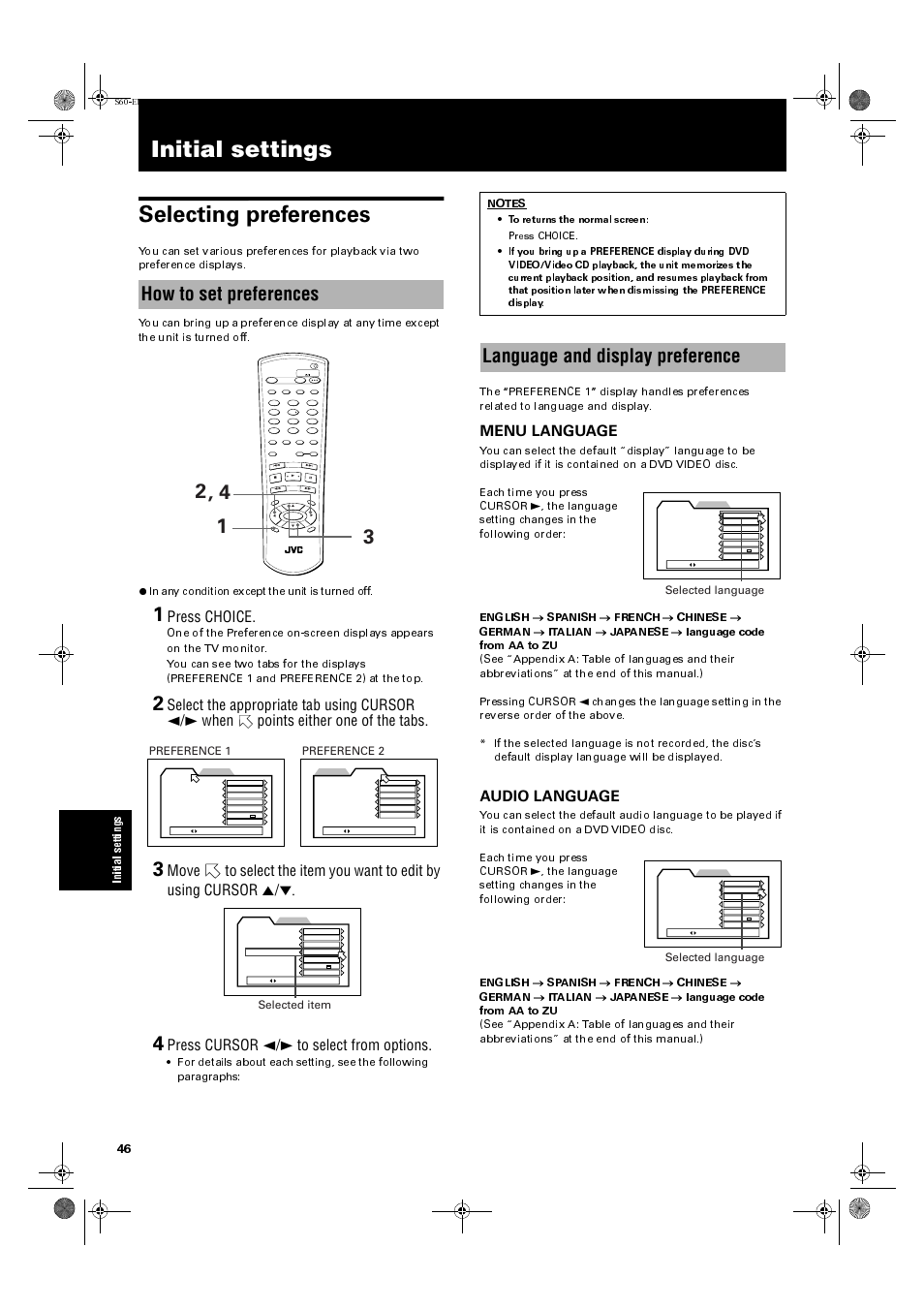 Initial settings, Initial settings selecting preferences, How to set preferences | Language and display preference, Press choice, Press cursor 2/3 to select from options, Menu language, Audio language, Preference 1, Preference 2 | JVC XV-S60BK User Manual | Page 48 / 62