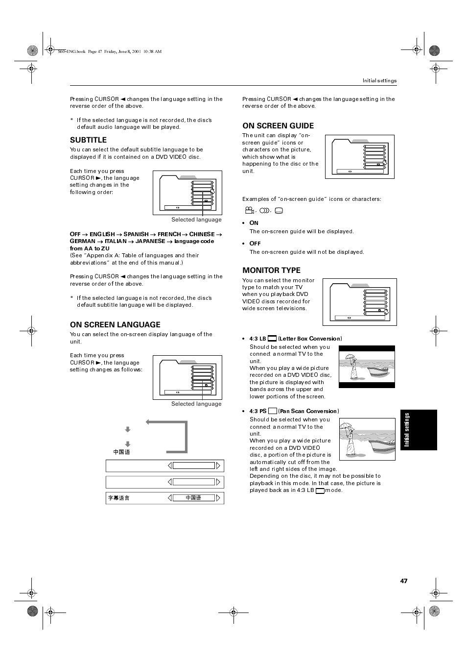 Subtitle, On screen language, On screen guide | Monitor type | JVC XV-S60BK User Manual | Page 49 / 62