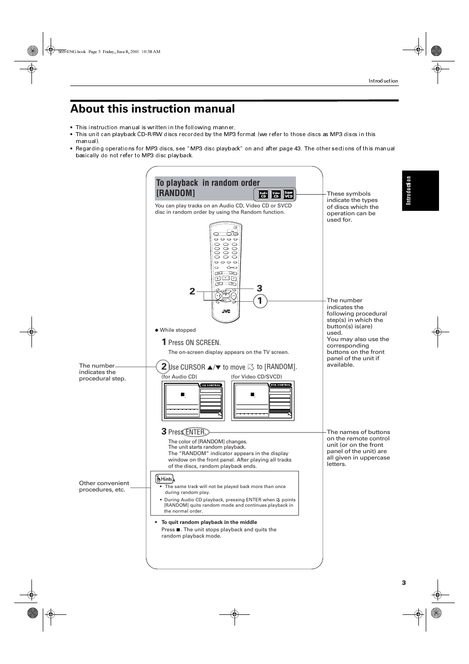 About this instruction manual, Press on screen, Use cursor 5/∞ to move | Press enter, Min sec each remain, Intro du ction, Introduction, While stopped, The color of [random] changes, 6(1*errn 3djh  )ulgd\ -xqh    $0 | JVC XV-S60BK User Manual | Page 5 / 62