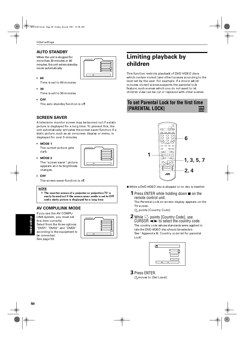 Limiting playback by children, Auto standby, Screen saver | Av compulink mode, Press enter | JVC XV-S60BK User Manual | Page 52 / 62