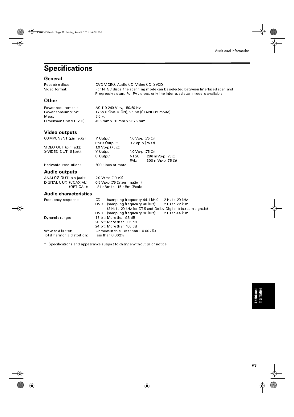 Specifications, General, Other | Video outputs, Audio outputs, Audio characteristics | JVC XV-S60BK User Manual | Page 59 / 62