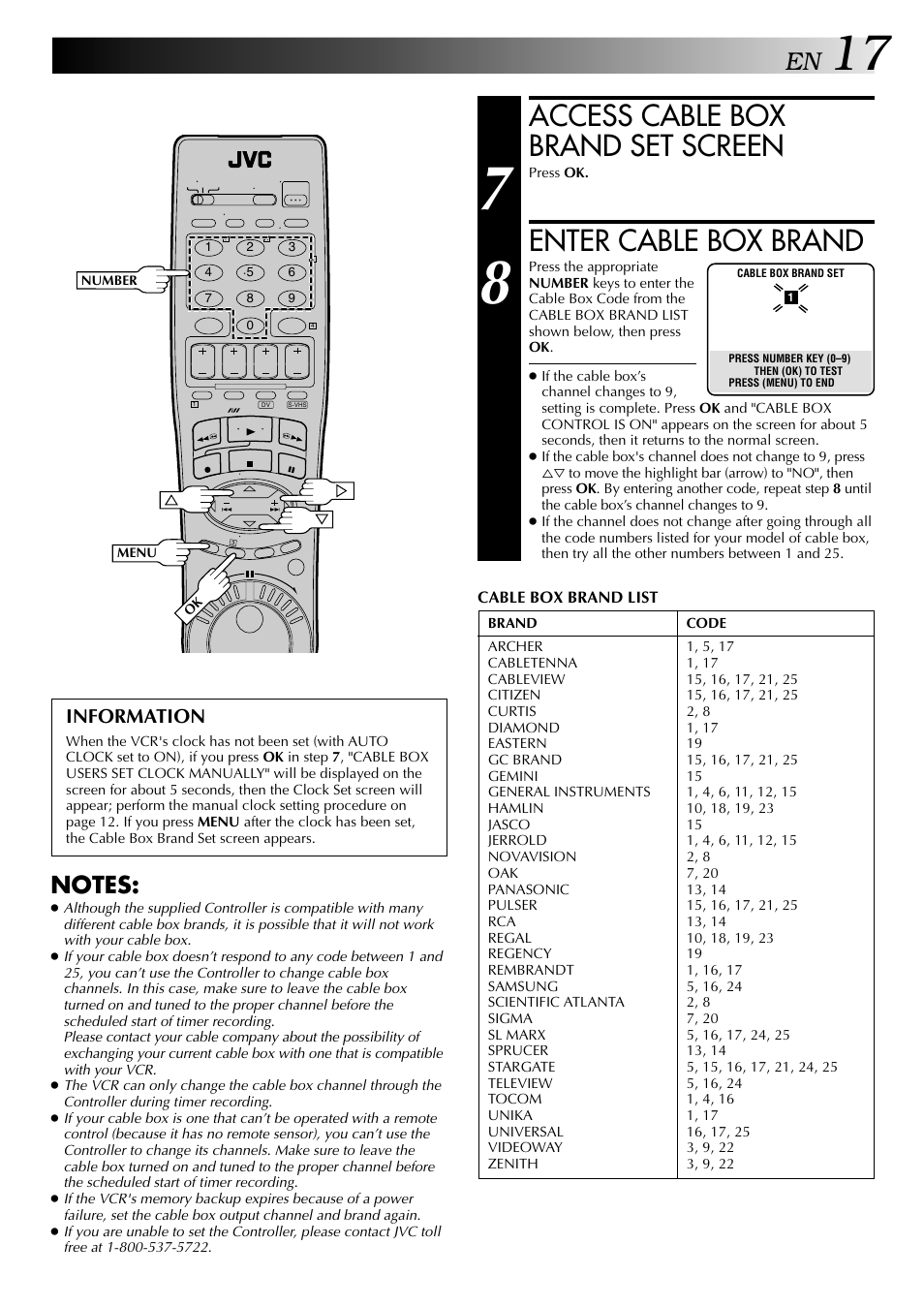 Access cable box brand set screen, Enter cable box brand, Information | JVC HR-DVS2U User Manual | Page 17 / 80