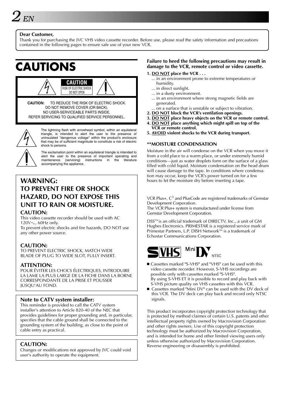 Cautions, Warning | JVC HR-DVS2U User Manual | Page 2 / 80