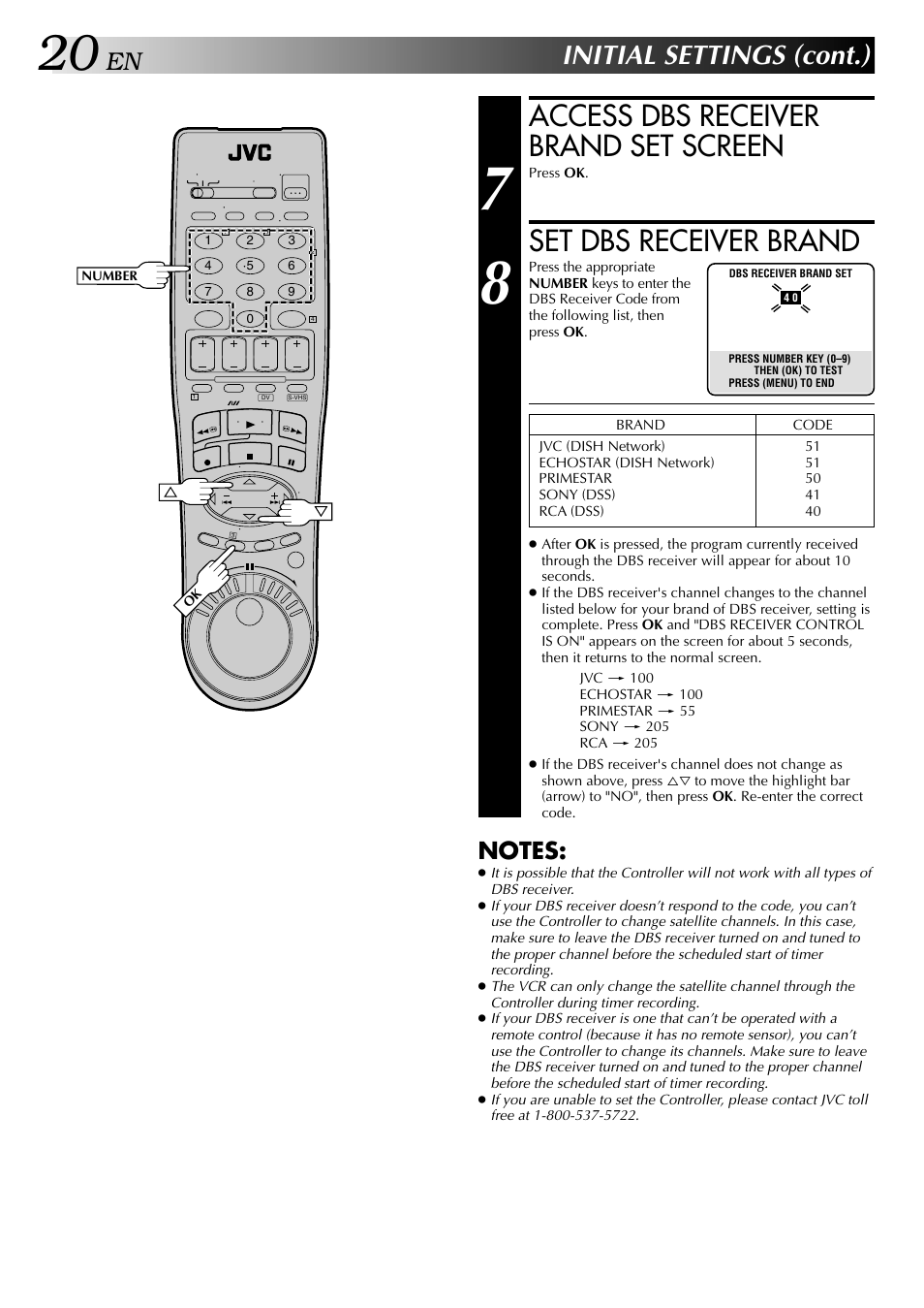 Access dbs receiver brand set screen, Set dbs receiver brand, Initial settings (cont.) | JVC HR-DVS2U User Manual | Page 20 / 80