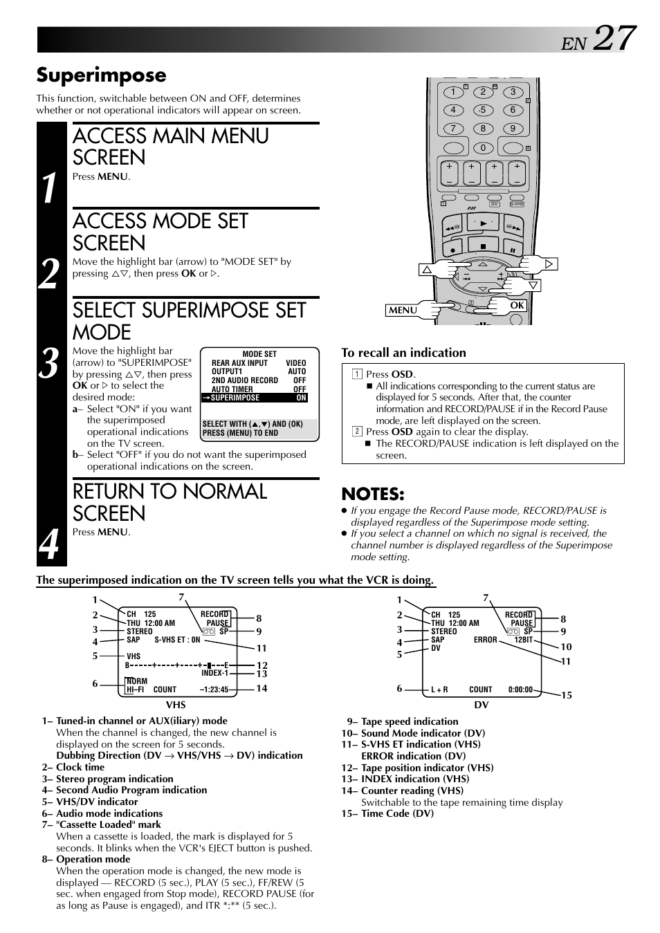 Access main menu screen, Access mode set screen, Select superimpose set mode | Return to normal screen, Superimpose | JVC HR-DVS2U User Manual | Page 27 / 80