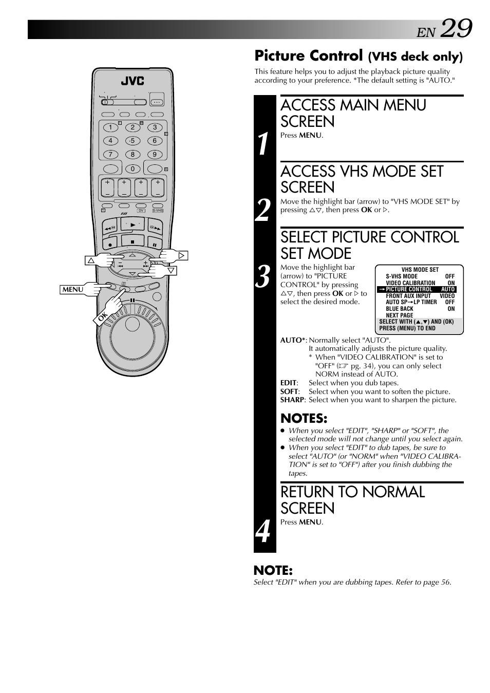 Access main menu screen, Access vhs mode set screen, Select picture control set mode | Return to normal screen, Picture control, Vhs deck only) | JVC HR-DVS2U User Manual | Page 29 / 80
