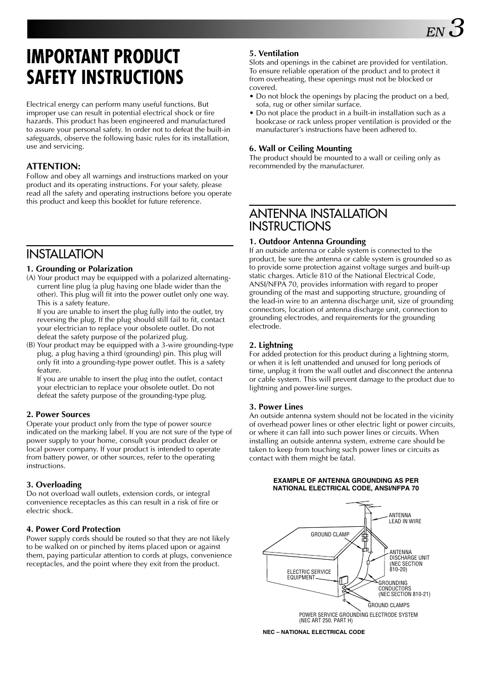Important product safety instructions, Installation, Antenna installation instructions | JVC HR-DVS2U User Manual | Page 3 / 80