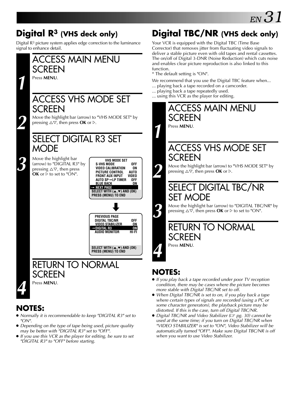 Access main menu screen, Access vhs mode set screen, Select digital tbc/nr set mode | Return to normal screen, Select digital r3 set mode, Digital tbc/nr, Digital r | JVC HR-DVS2U User Manual | Page 31 / 80