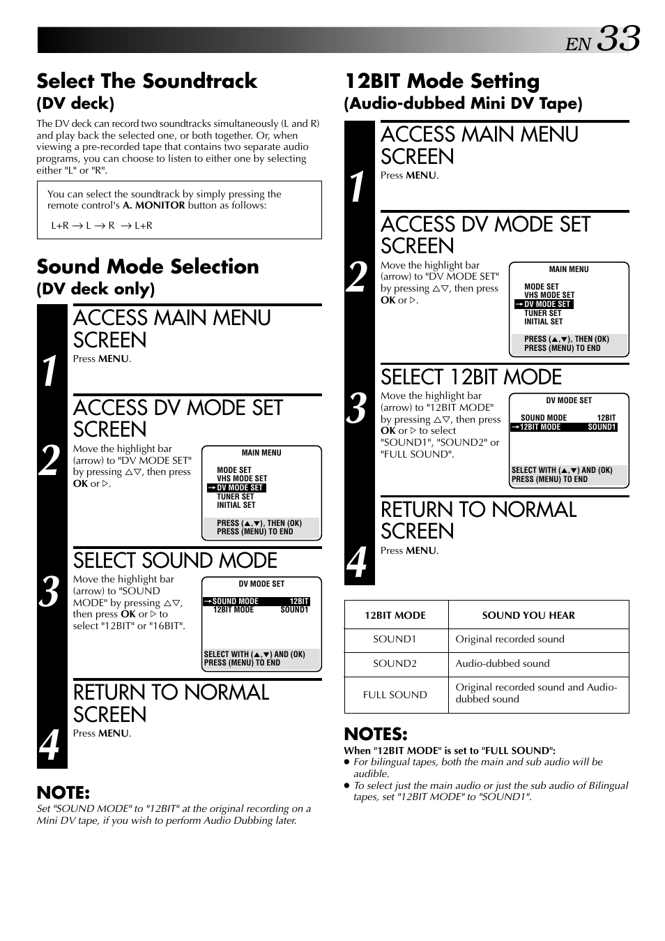 Access main menu screen, Access dv mode set screen, Select sound mode | Return to normal screen, Select 12bit mode, Select the soundtrack, Sound mode selection, 12bit mode setting | JVC HR-DVS2U User Manual | Page 33 / 80