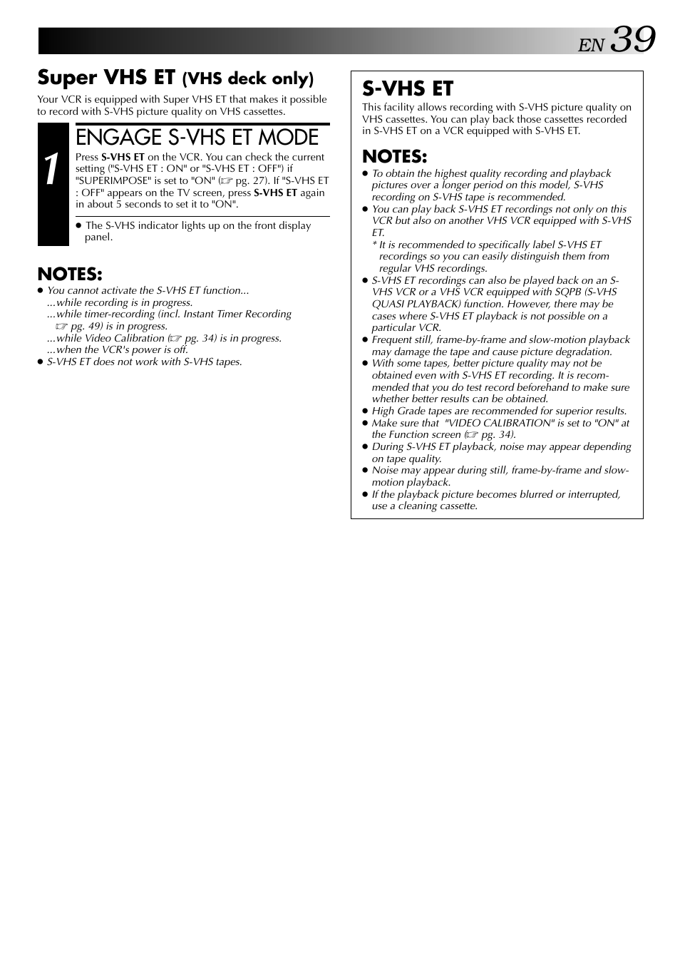 Engage s-vhs et mode, Super vhs et, S-vhs et | Vhs deck only) | JVC HR-DVS2U User Manual | Page 39 / 80