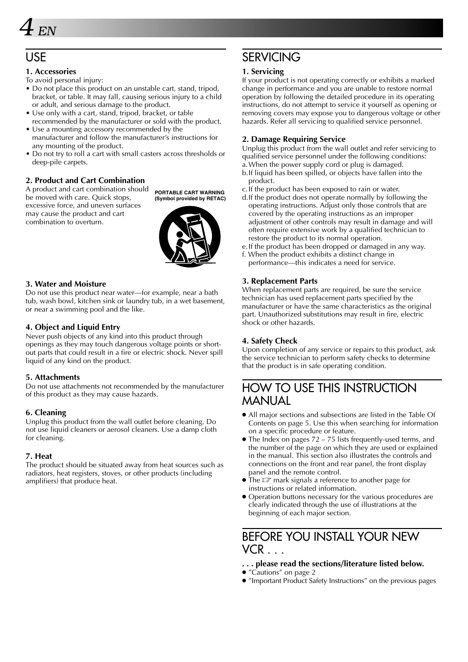 Servicing, How to use this instruction manual, Before you install your new vcr | JVC HR-DVS2U User Manual | Page 4 / 80