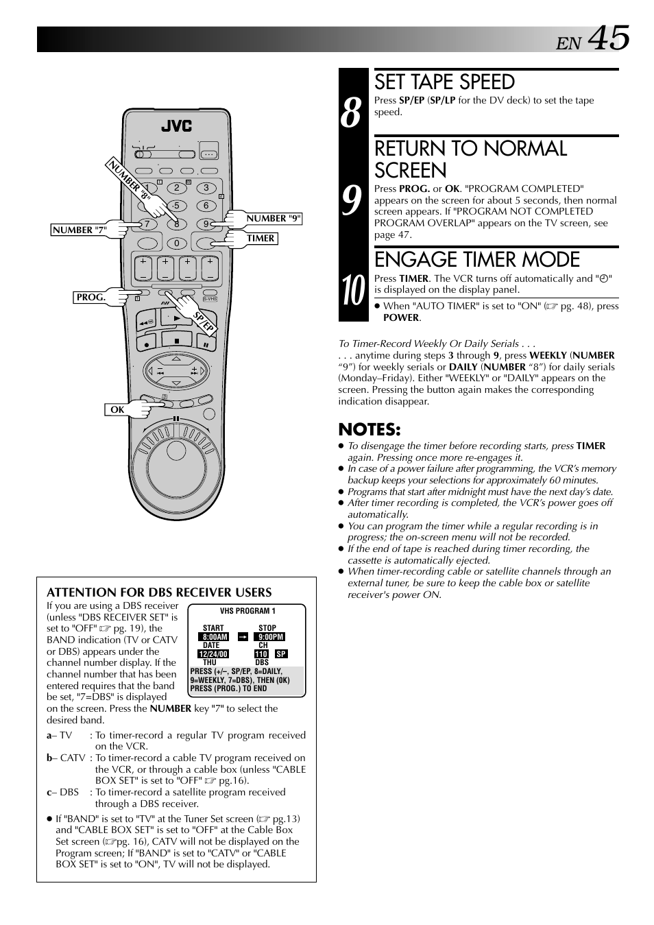 Set tape speed, Return to normal screen, Engage timer mode | JVC HR-DVS2U User Manual | Page 45 / 80