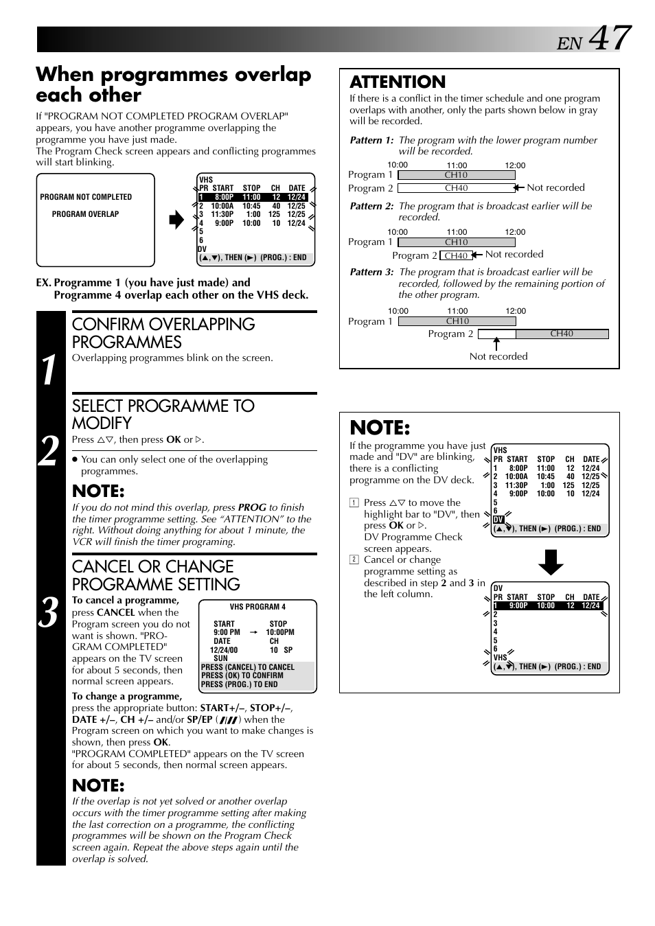 When programmes overlap each other, Confirm overlapping programmes, Select programme to modify | Cancel or change programme setting, Attention | JVC HR-DVS2U User Manual | Page 47 / 80
