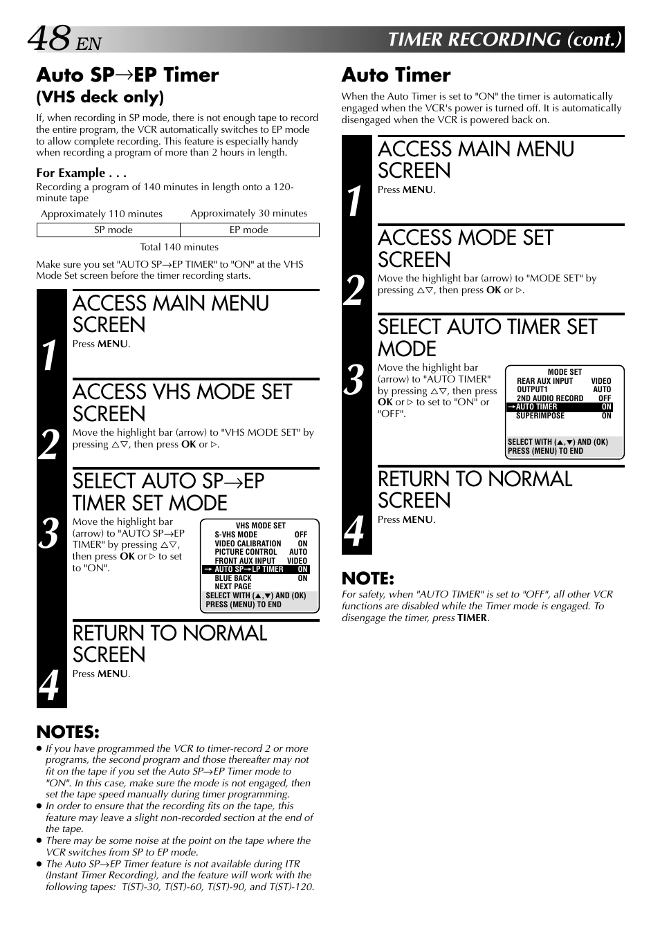 Access main menu screen, Access mode set screen, Select auto timer set mode | Return to normal screen, Access vhs mode set screen, Select auto sp →ep timer set mode, Timer recording (cont.), Auto timer, Auto sp → ep timer | JVC HR-DVS2U User Manual | Page 48 / 80