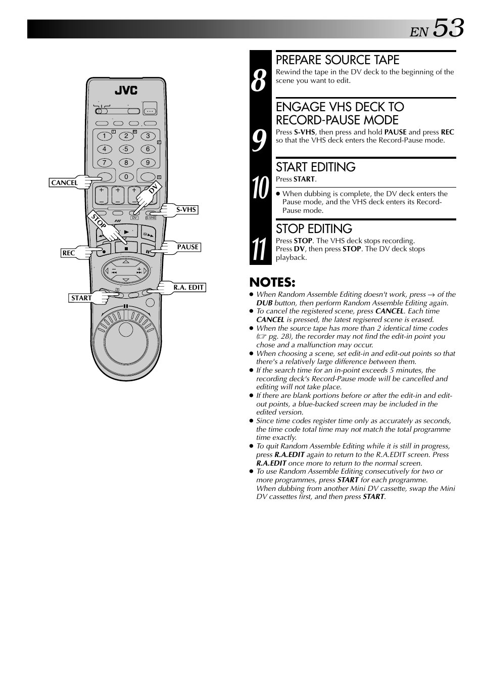 Prepare source tape, Engage vhs deck to record-pause mode, Start editing | Stop editing | JVC HR-DVS2U User Manual | Page 53 / 80