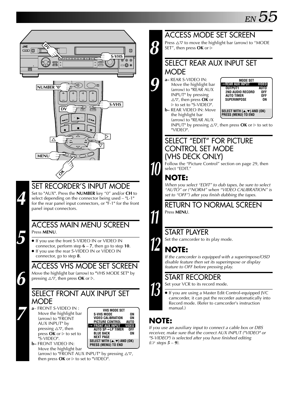 Set recorder’s input mode, Access main menu screen, Access vhs mode set screen | Select front aux input set mode, Access mode set screen, Select rear aux input set mode, Return to normal screen, Start player, Start recorder | JVC HR-DVS2U User Manual | Page 55 / 80