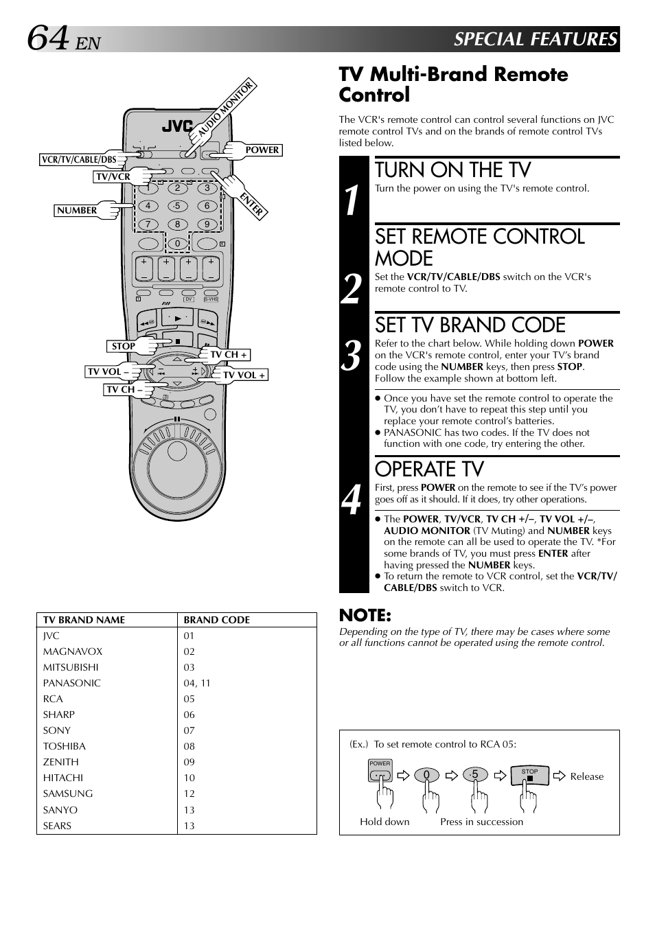 Special features, Turn on the tv, Set remote control mode | Set tv brand code, Operate tv, Tv multi-brand remote control | JVC HR-DVS2U User Manual | Page 64 / 80