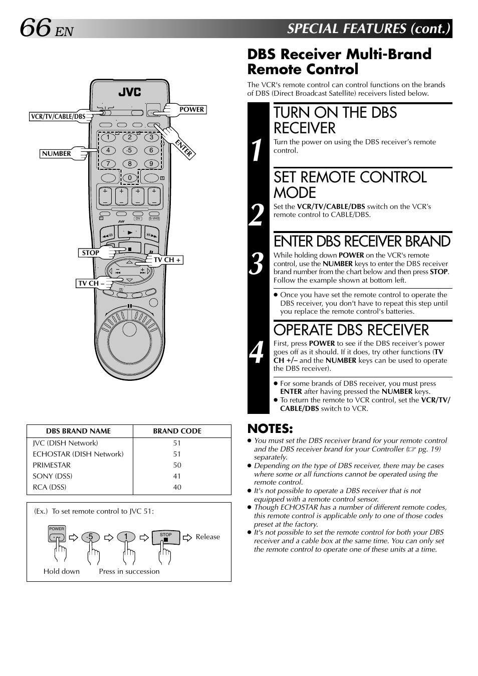 Turn on the dbs receiver, Set remote control mode, Enter dbs receiver brand | Operate dbs receiver, Special features (cont.), Dbs receiver multi-brand remote control | JVC HR-DVS2U User Manual | Page 66 / 80