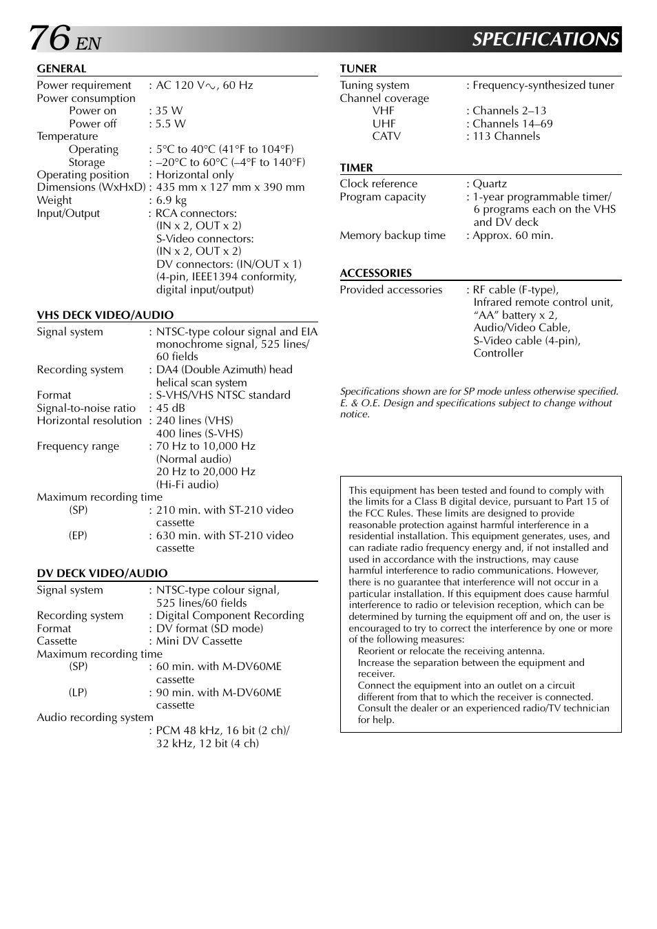 Specifications | JVC HR-DVS2U User Manual | Page 76 / 80